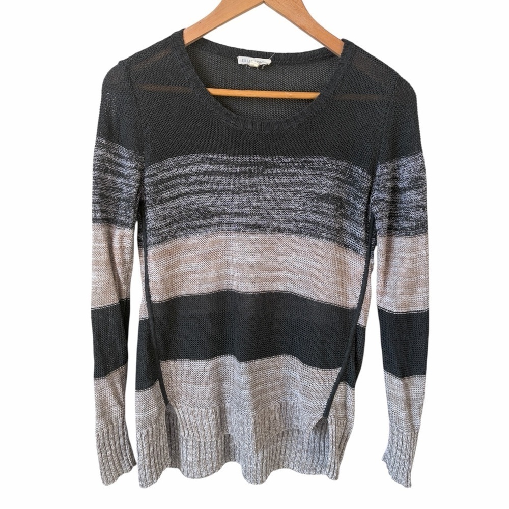 Eileen Fisher Linen Scoop Neck Fine Knit Sweater Grey Stripe Women's XS